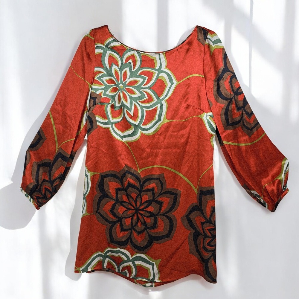 Monsoon Dress Red Floral Print Sheath 100% Silk US 8 Long Sleeve Button‎ Back